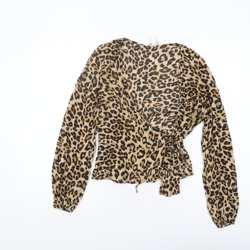 H&M Women's Beige Animal Print Wrap Blouse Size 6
