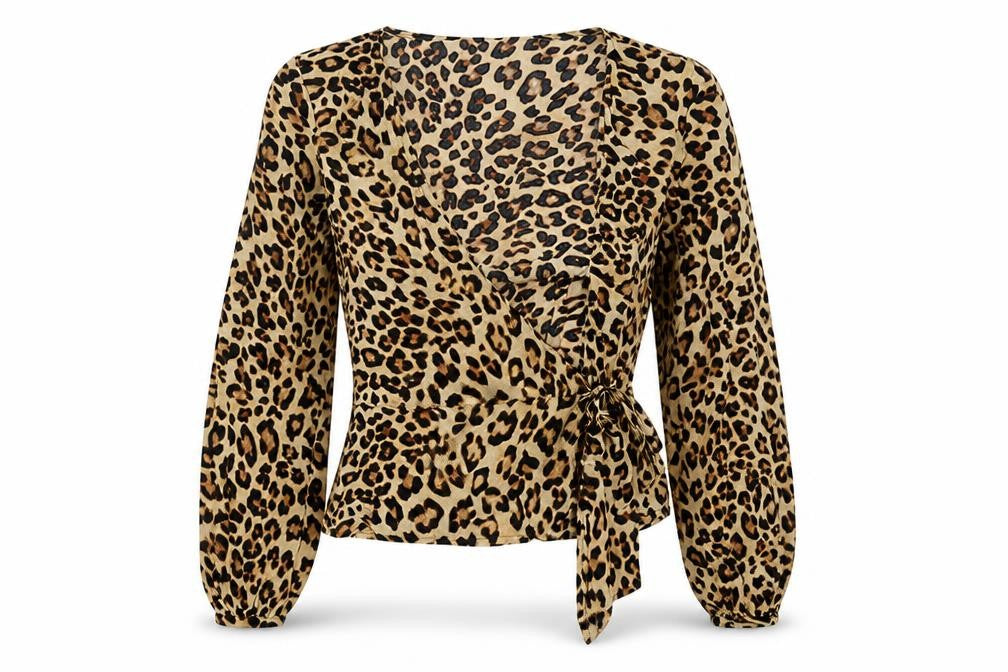 Front view of H&M Women's Beige Animal Print Wrap Blouse, size 6