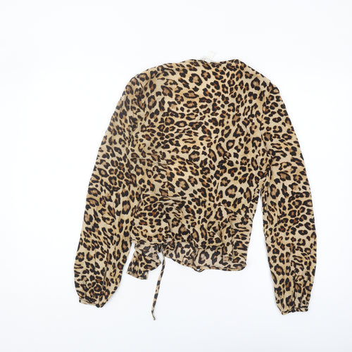 H&M Women's Beige Animal Print Wrap Blouse Size 6