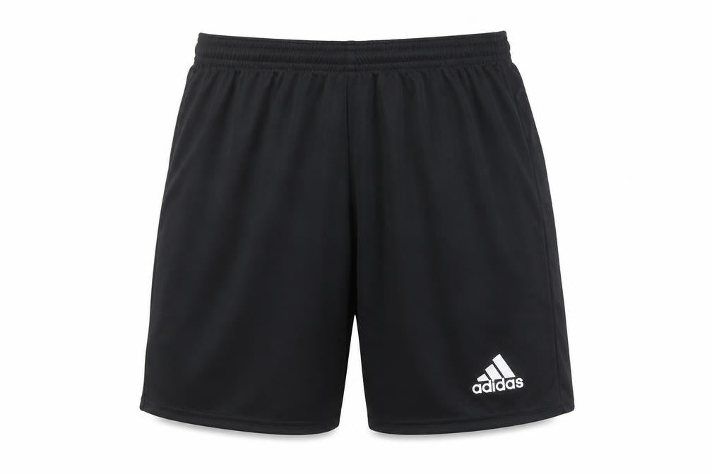Front view of Adidas boys’ black athletic shorts, size L