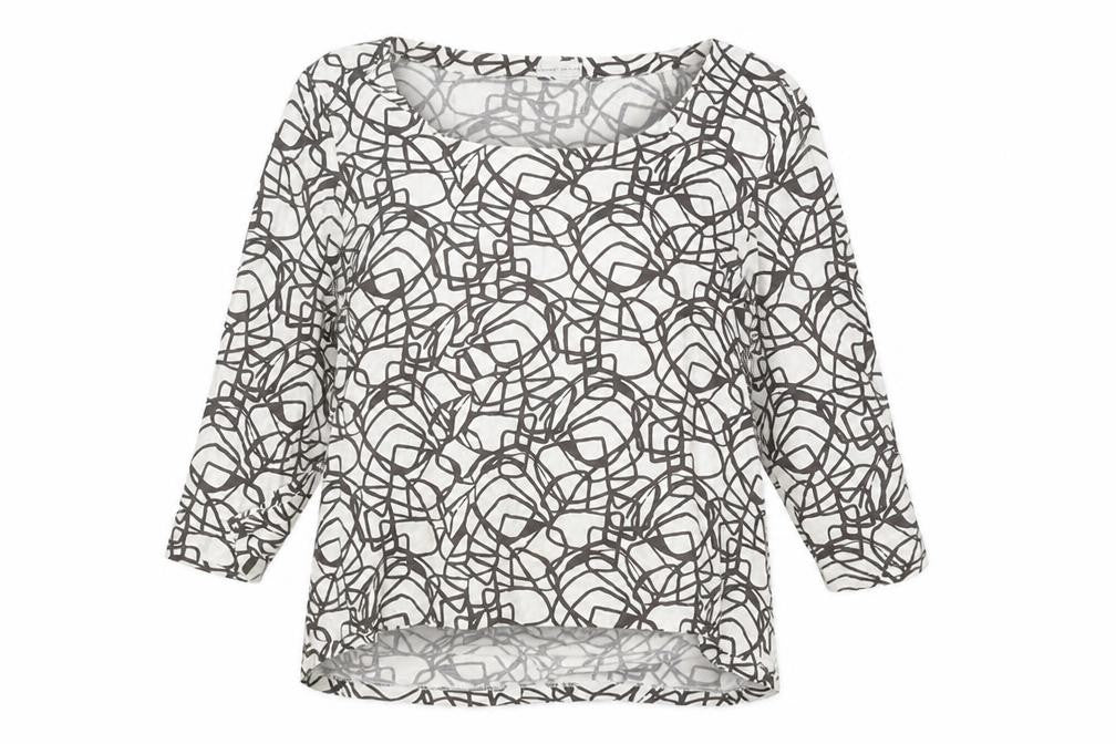 Front view of Minuet Women’s White Geometric Jersey Blouse L