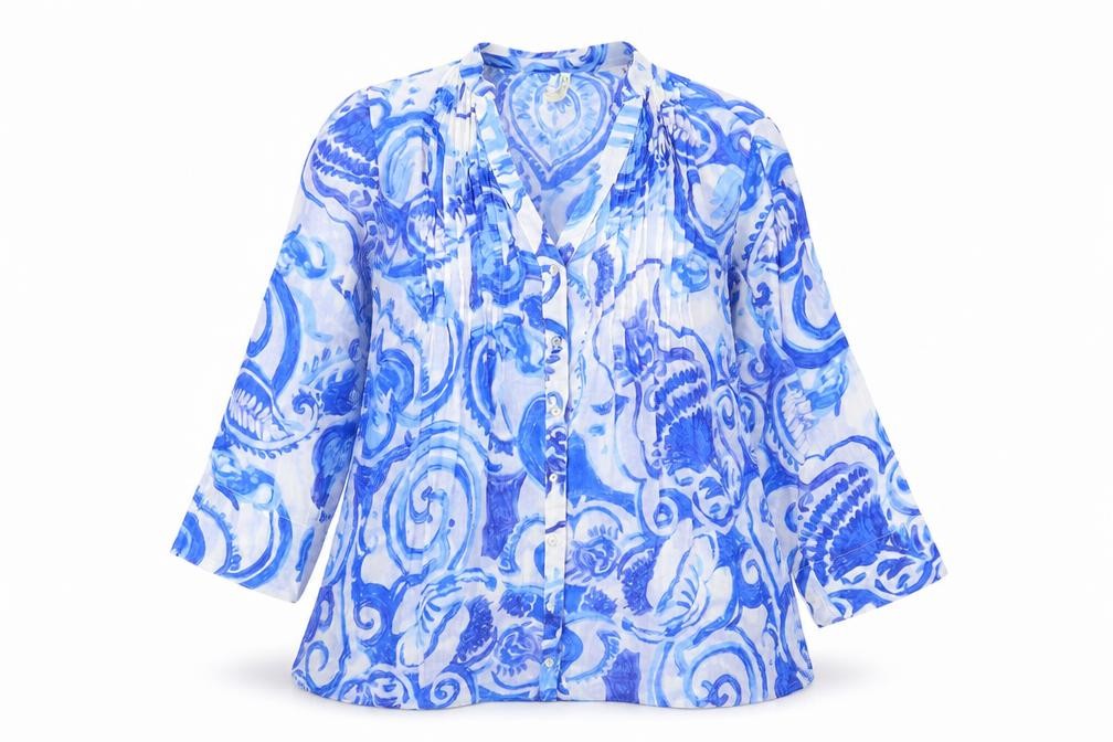 Front view of Pistachio Women's Blue Paisley Blouse M