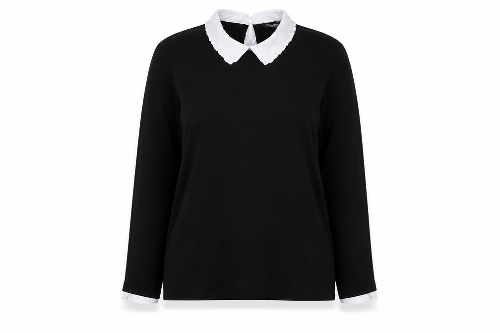 Front view of Blue Chameleon Women's Black Collared Blouse, size 14, Classic