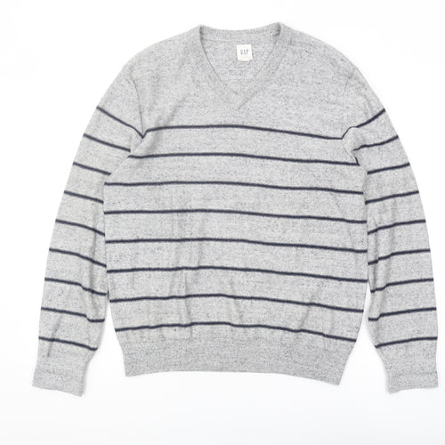 GAP Men's Grey Striped V-Neck Pullover Jumper M