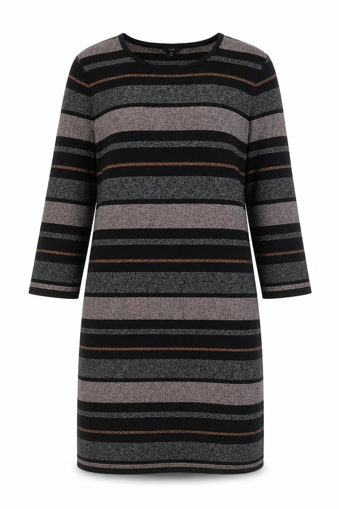 Front view of M&Co Women's Black Striped Tunic Jumper, size 12