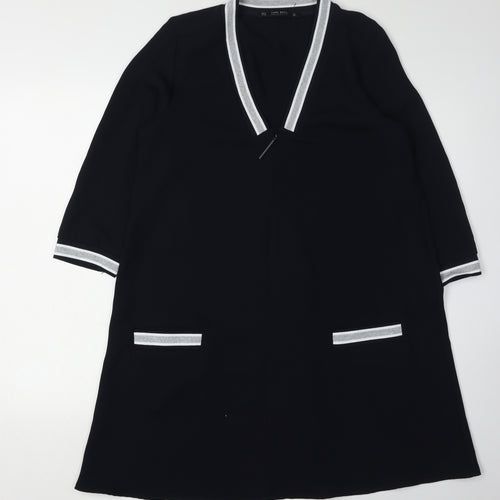 Zara Women Black 3/4 Sleeve V-Neck Dress M