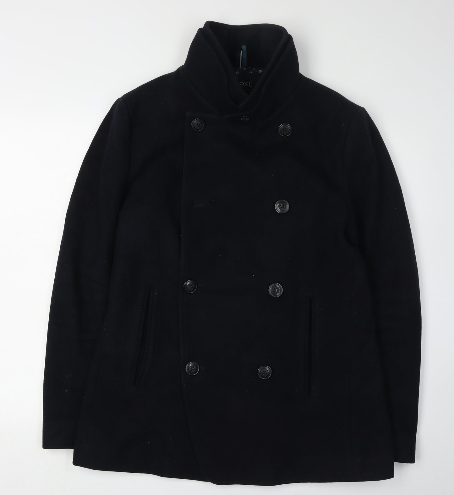 Next Men's Black Pea Coat, Size S, Wool Blend