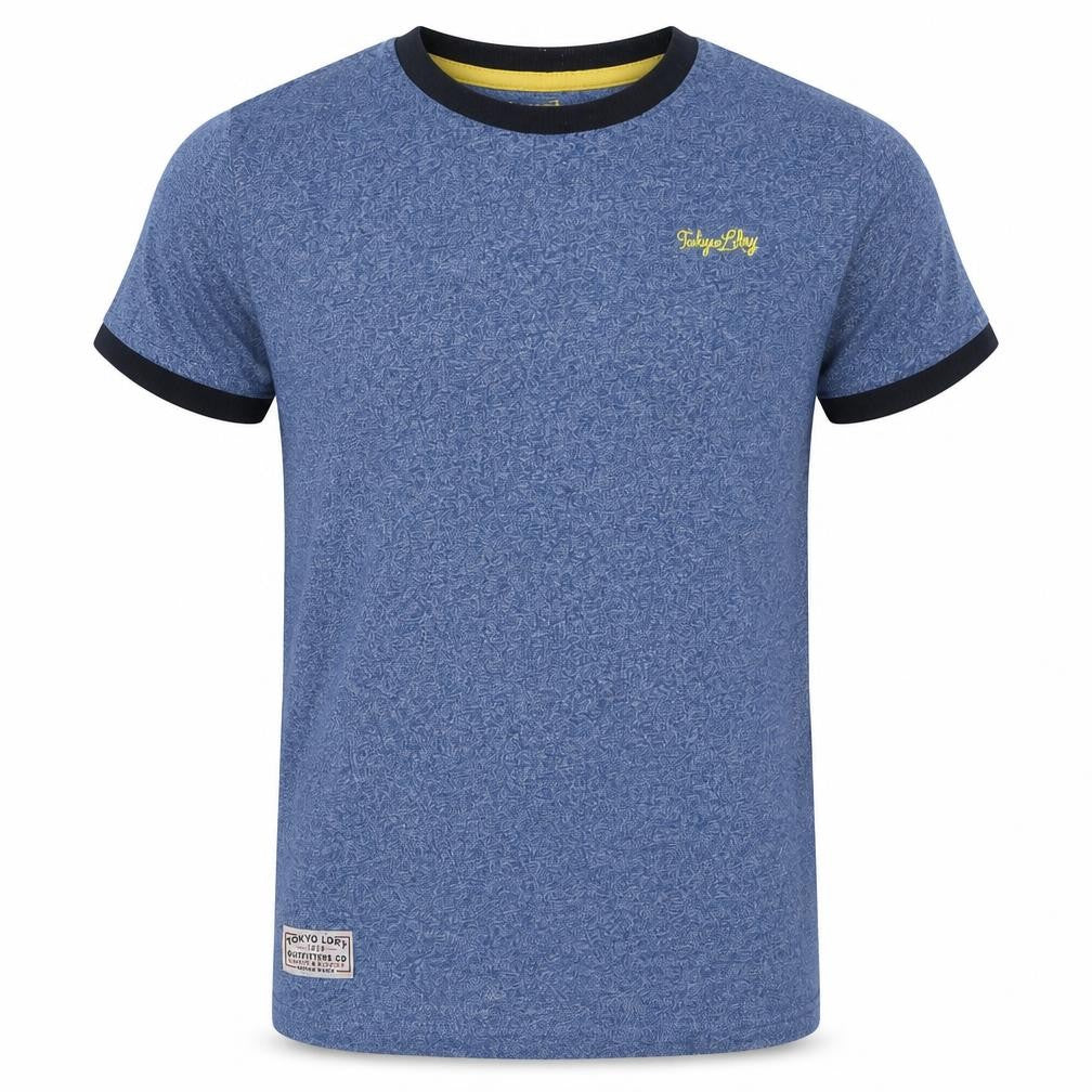 Front view of Tokyo Laundry boys’ blue crew neck t-shirt, size 7-8