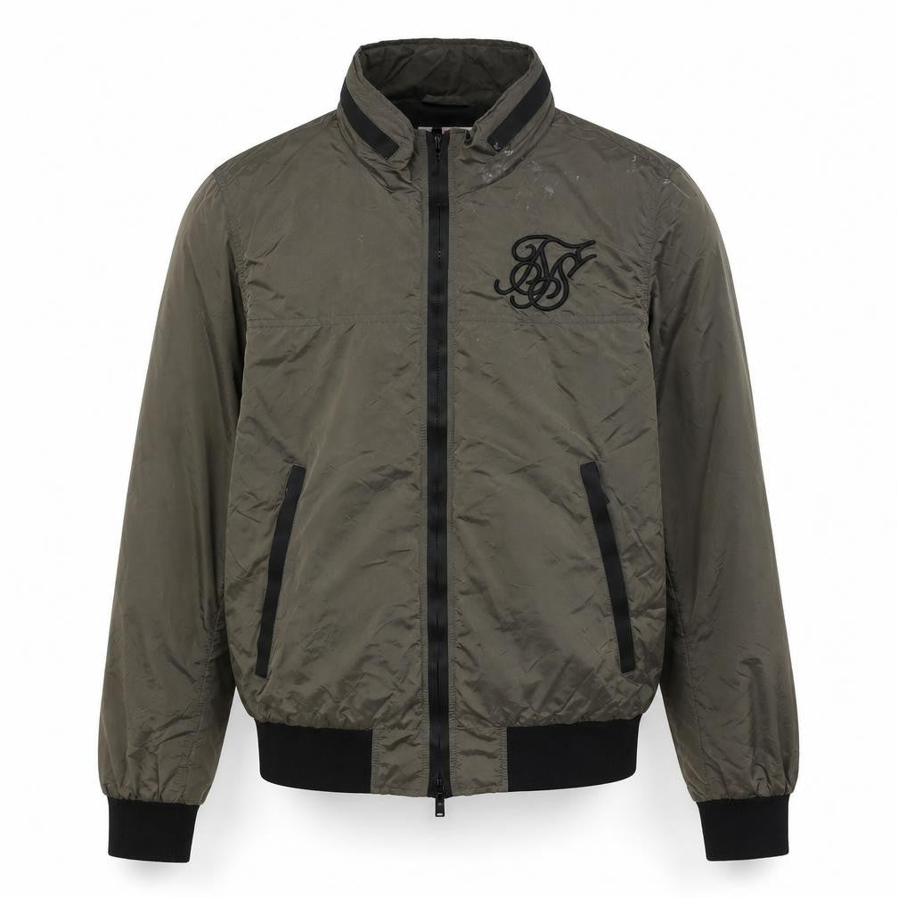 Front view of SilkSilk Men's Green Bomber Jacket L with Logo Accents