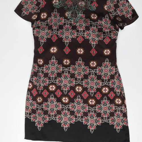 Monsoon Women's Brown Geometric Silk Dress Size 10