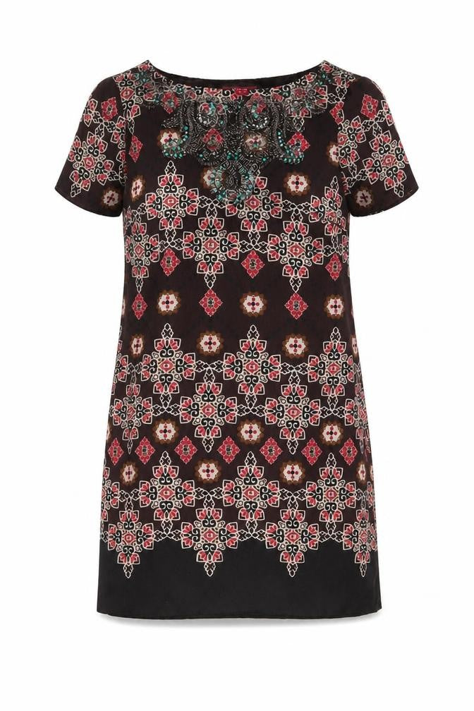 Front view of Monsoon Women's Brown Geometric Silk Dress, size 10