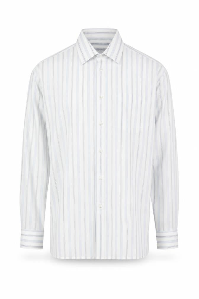 Front view of Stafford Men's Blue Striped Long Sleeve Button-Up Shirt