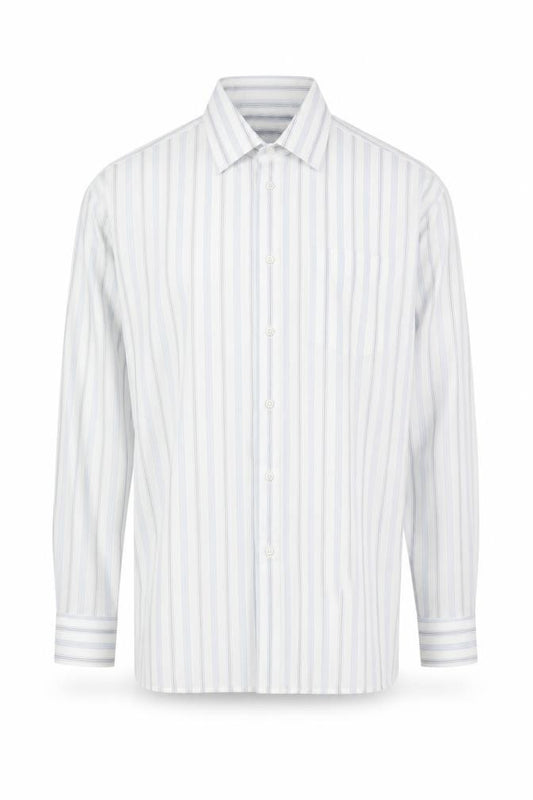Front view of Stafford Men's Blue Striped Long Sleeve Button-Up Shirt