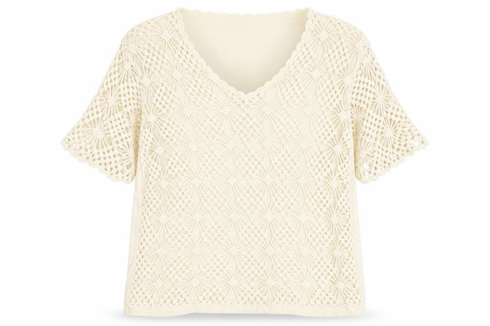 Front view of Damart Women's Ivory Crochet Pullover, size 24, V-Neck