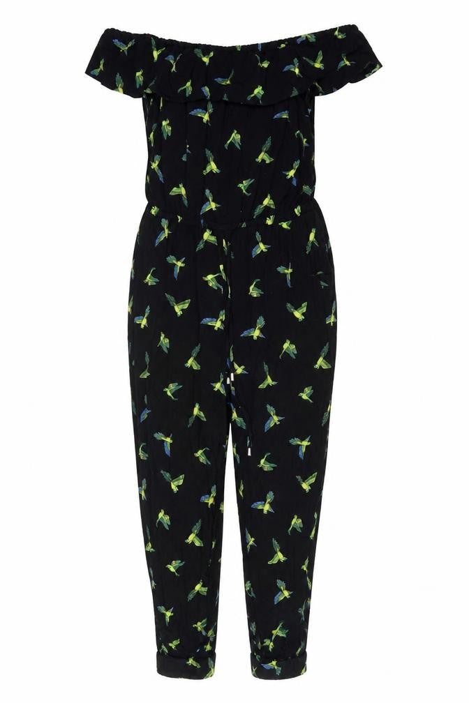 Front view of Oasis Women's Black Animal Print Jumpsuit, size 10