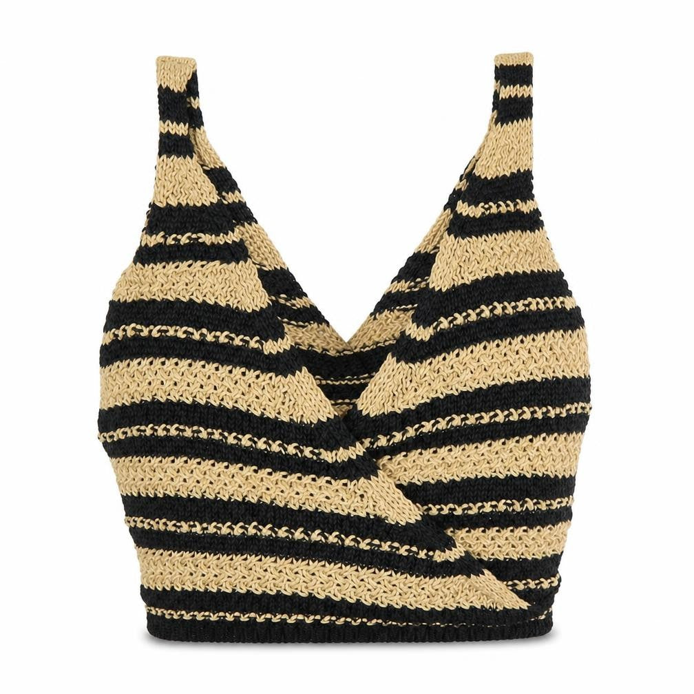 Front view of Zara Women's Beige Black Striped Wrap Jumper, size S
