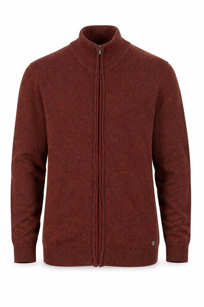 Front view of J.T. ASHCOTT Men's Brown Full Zip XL Wool Blend Jumper