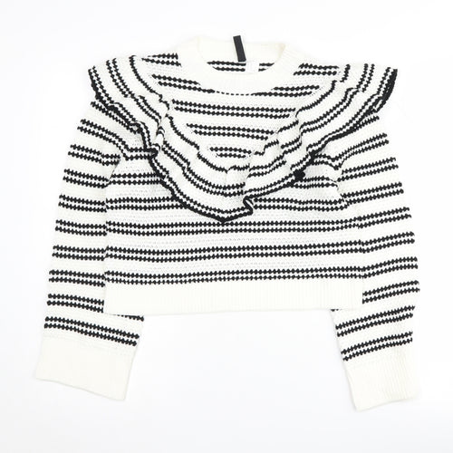 H&M Women's Striped Ruffle Pullover, XS, Black/White