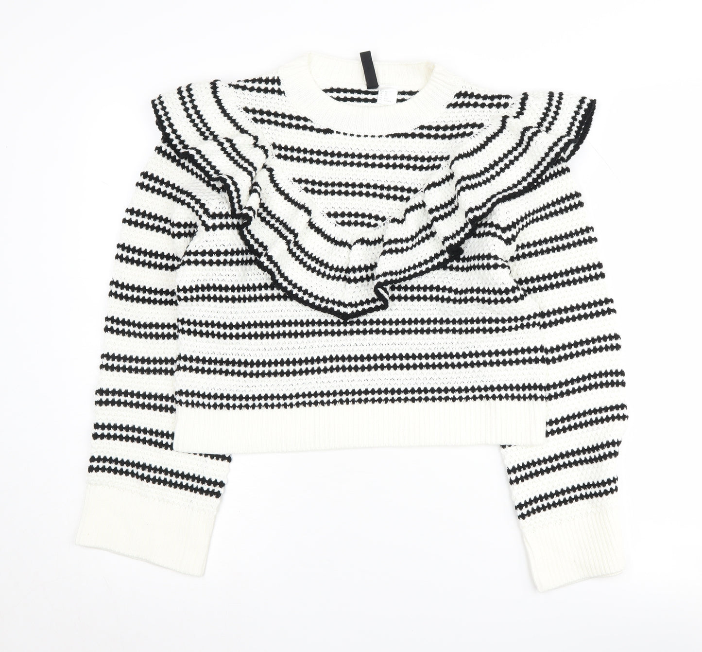 H&M Women's Striped Ruffle Pullover, XS, Black/White