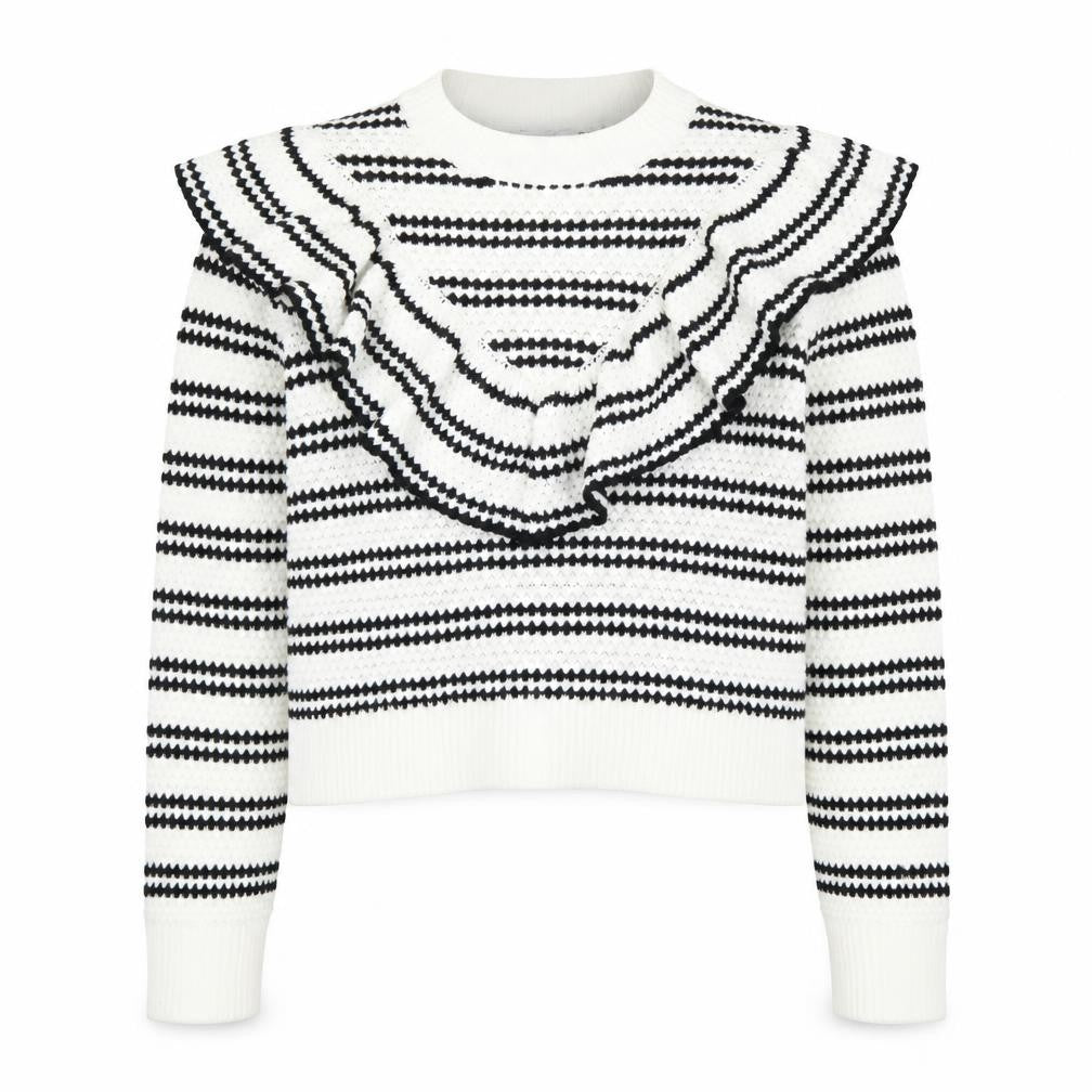 Front view of H&M Women's Striped Ruffle Pullover, XS, Black/White