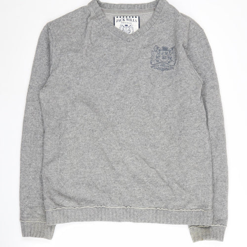 Jack Wills Men's Grey Wool Blend V-Neck Jumper Large