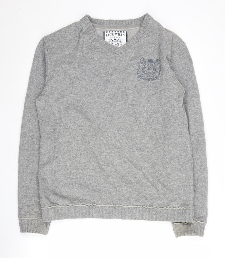 Jack Wills Men's Grey Wool Blend V-Neck Jumper Large