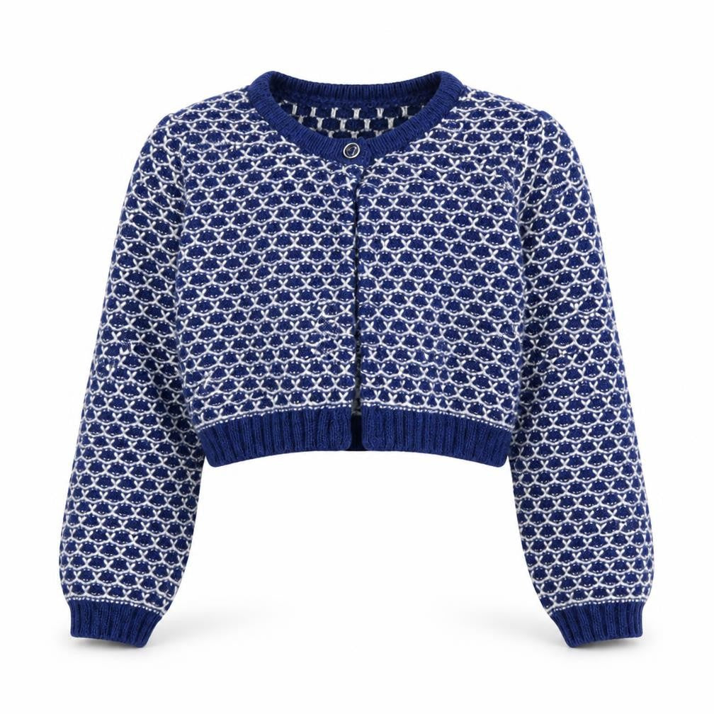 Front view of Mini Club girls’ blue cardigan 2-3 years geometric pattern