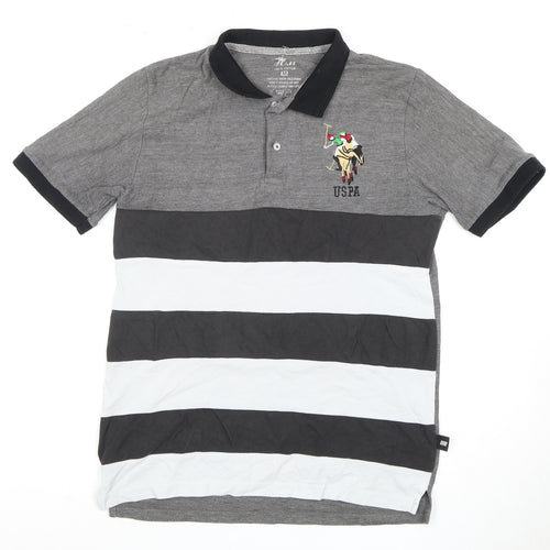 Grey Striped Men's Polo, M, Cotton, Short Sleeve