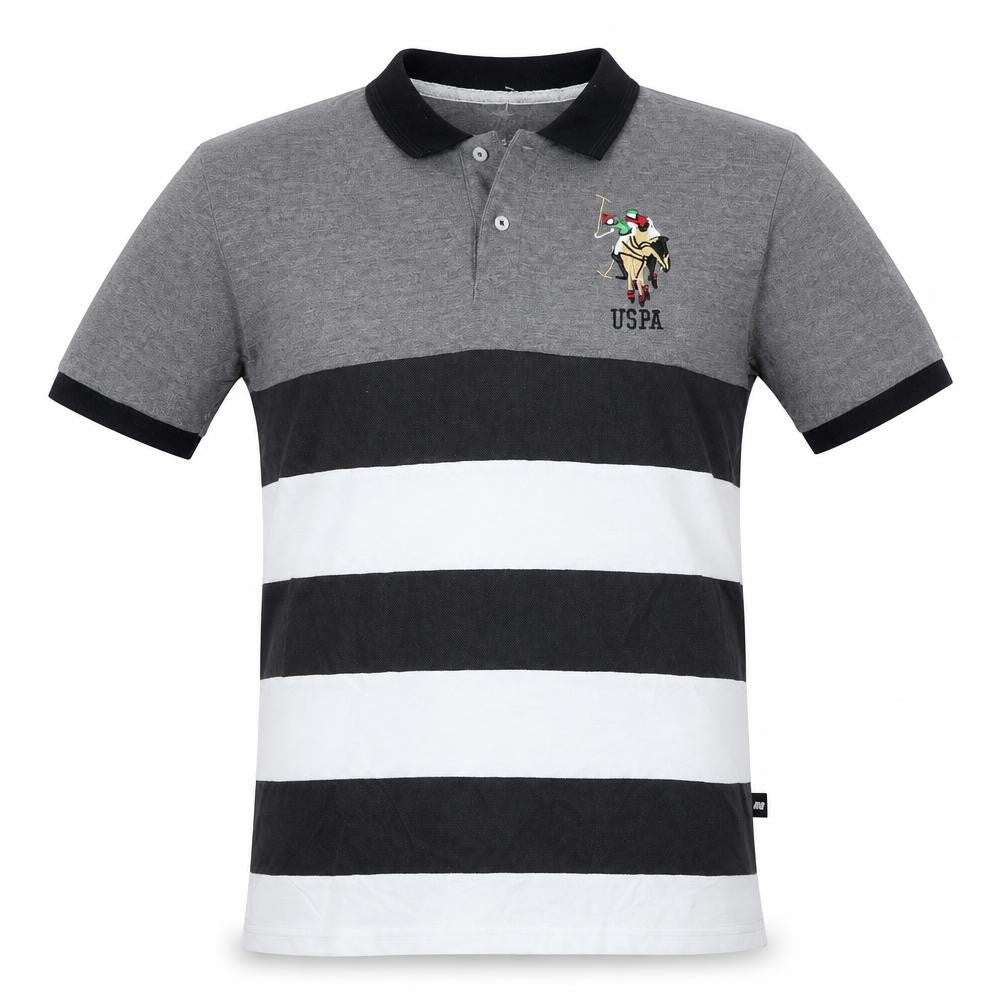 Front view of Grey Striped Men's Polo, M, Cotton, Short Sleeve