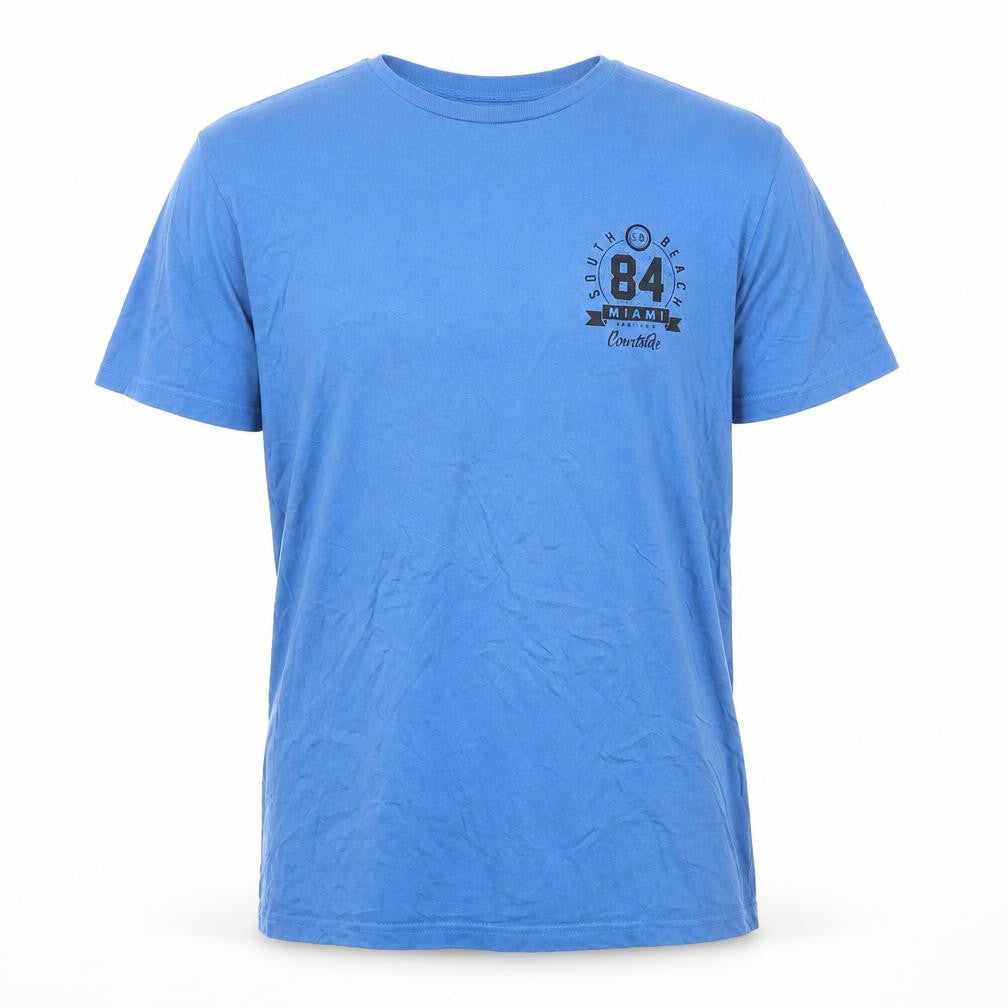 Front view of Topman Men's Blue Graphic Print T-Shirt, Medium