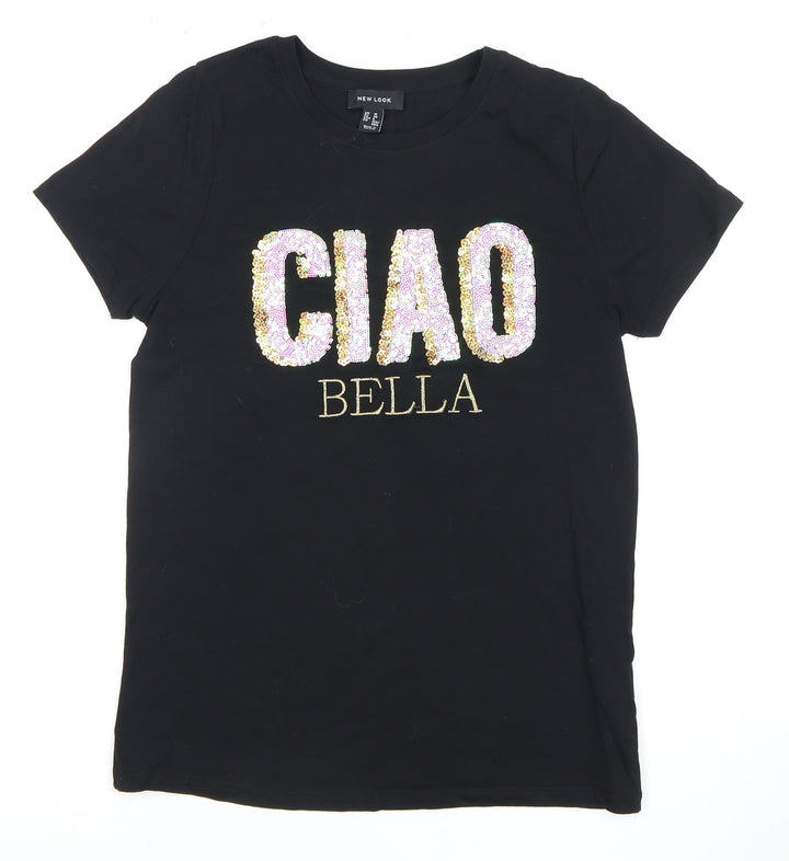 New Look Women's Black Embroidered T-Shirt UK 10
