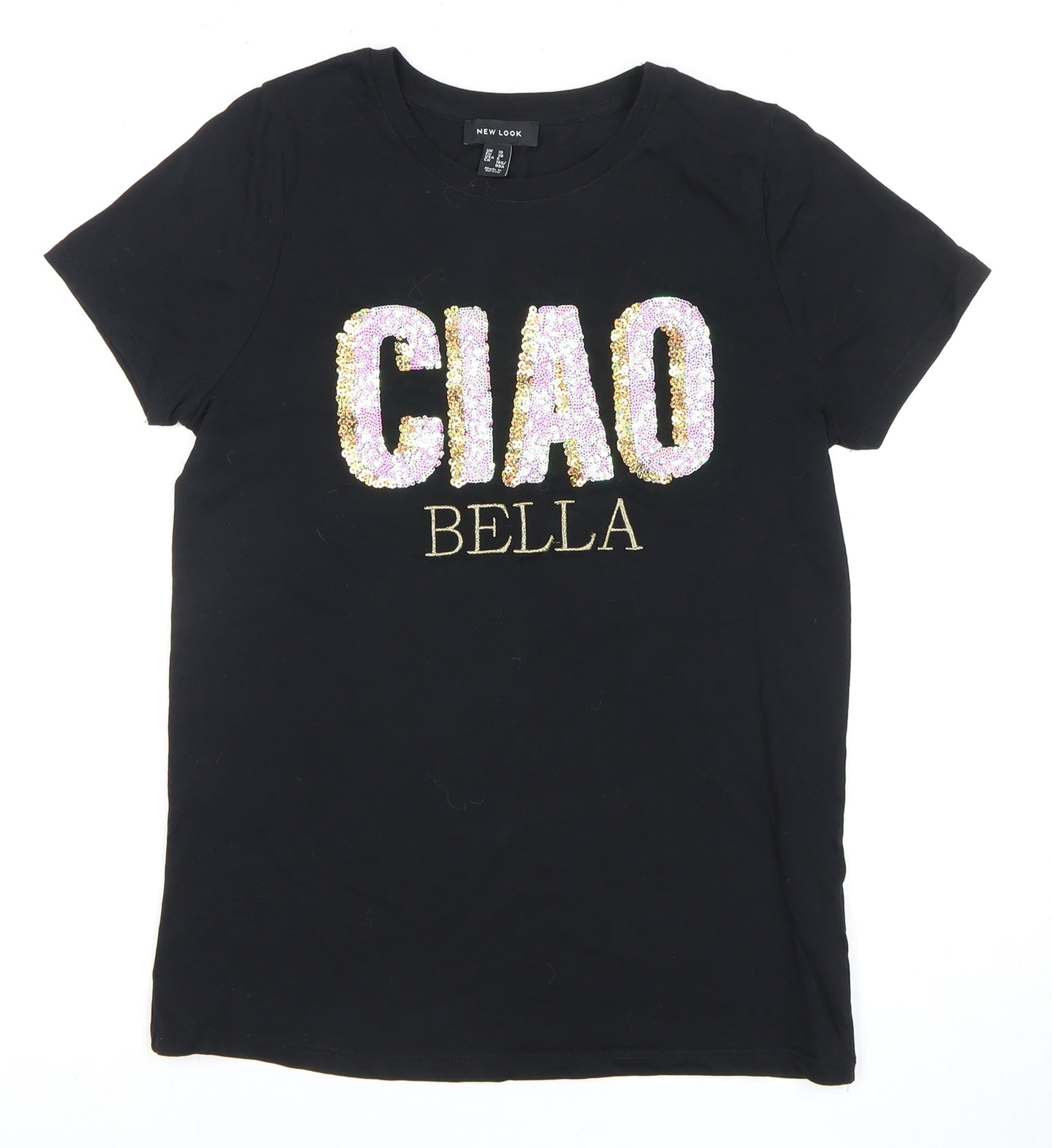 New Look Women's Black Embroidered T-Shirt UK 10