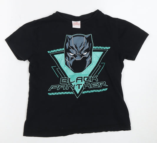 Front view of Avengers Black Panther boys’ black t-shirt, size 10-11, years