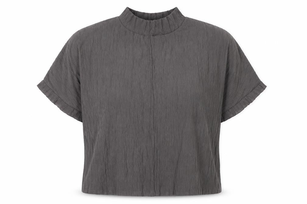Front view of Zara Women's Grey Short Sleeve Mock Neck Top