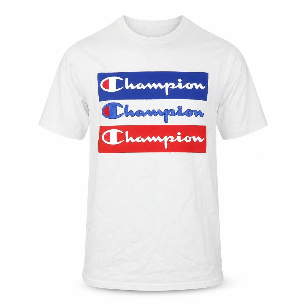 Front view of Champion Men's Small White Graphic Print T-Shirt