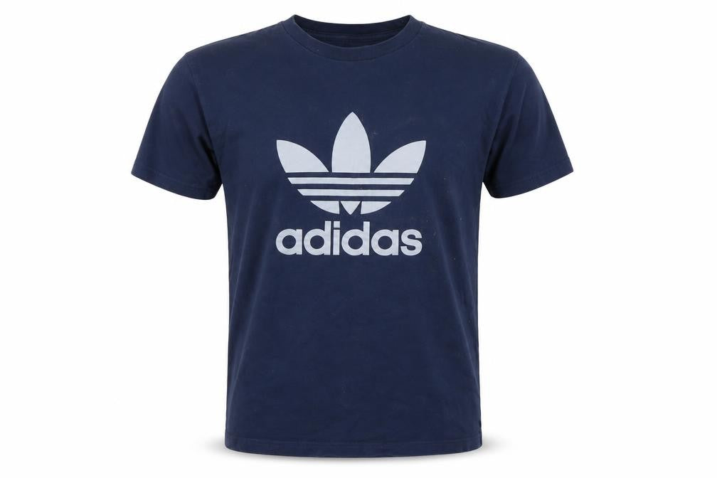 Front view of Adidas Men's Blue Graphic Logo T-Shirt, size M