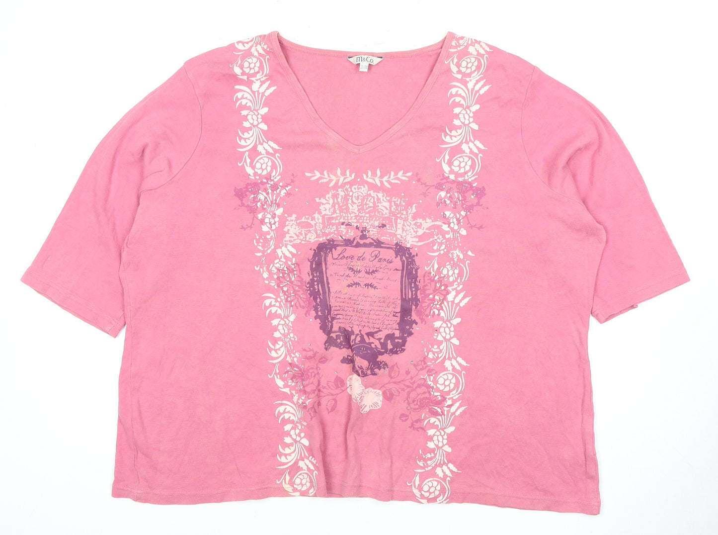 M&Co Women's Pink V-Neck T-Shirt, Size 16, 3/4 Sleeve