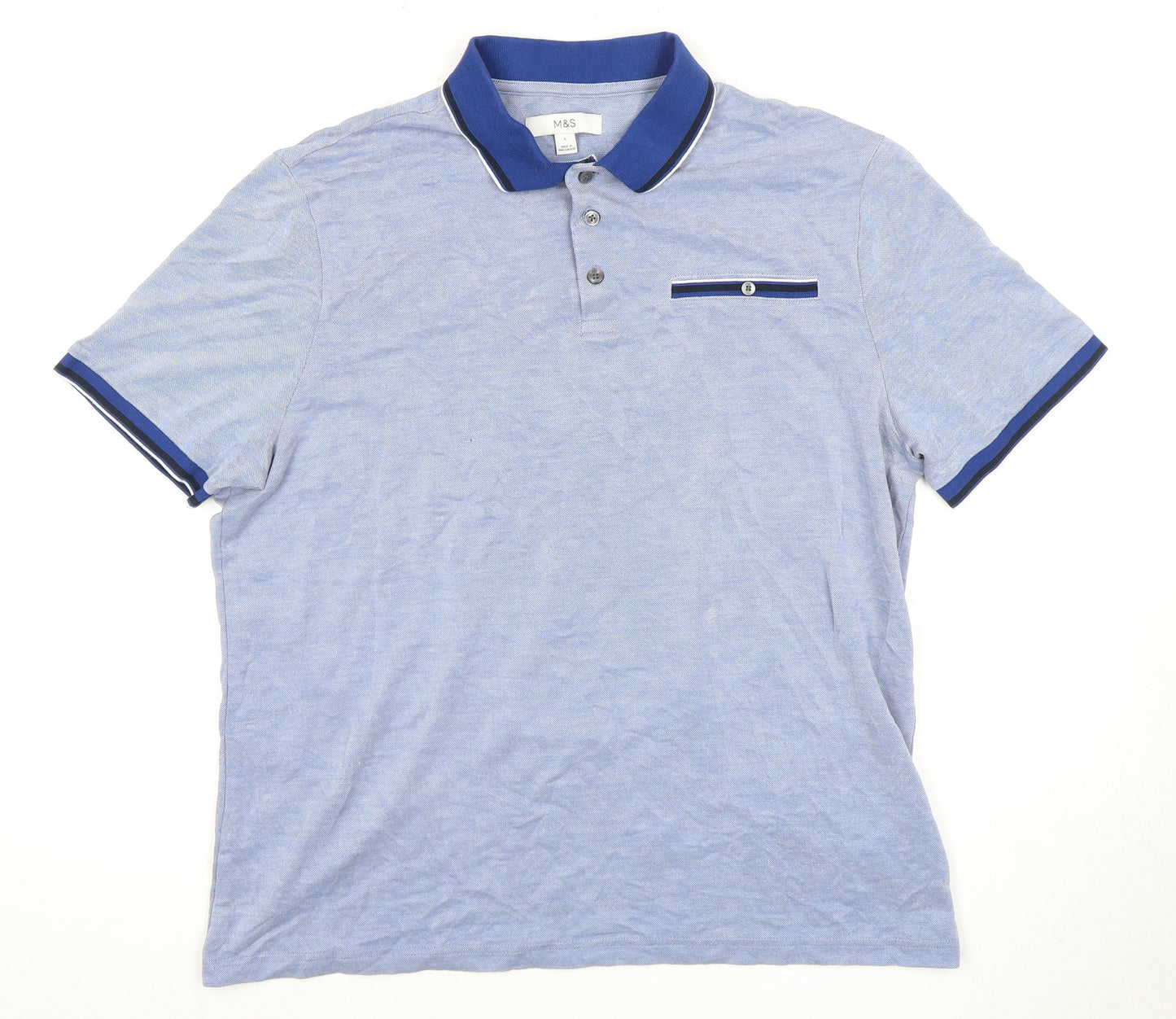 Marks and Spencer Men's Blue Polo Shirt, Size L
