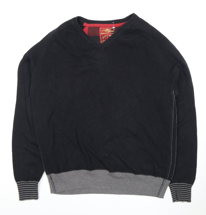 Ringspun Men's Black Pullover Jumper - Size L, V-Neck