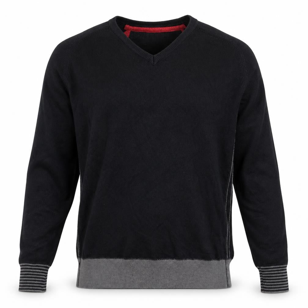 Front view of Ringspun Men's Black jumper -, size L, V-Neck