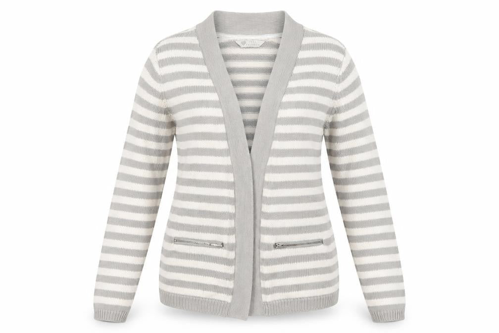 Front view of BHS Women's Grey Striped Cardigan, size 12