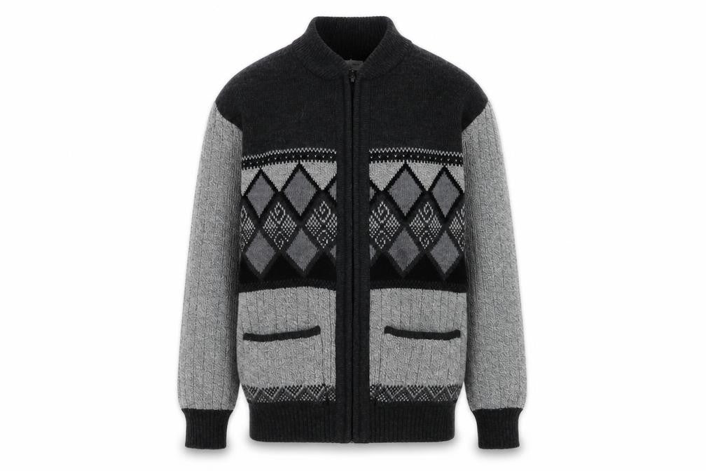 Front view of Bellisimo Men's Grey Argyle Knit Jacket M