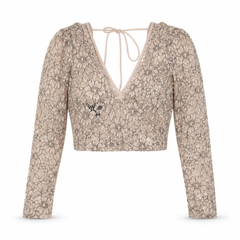 Front view of Topshop women’s beige cropped lace blouse, size UK 6