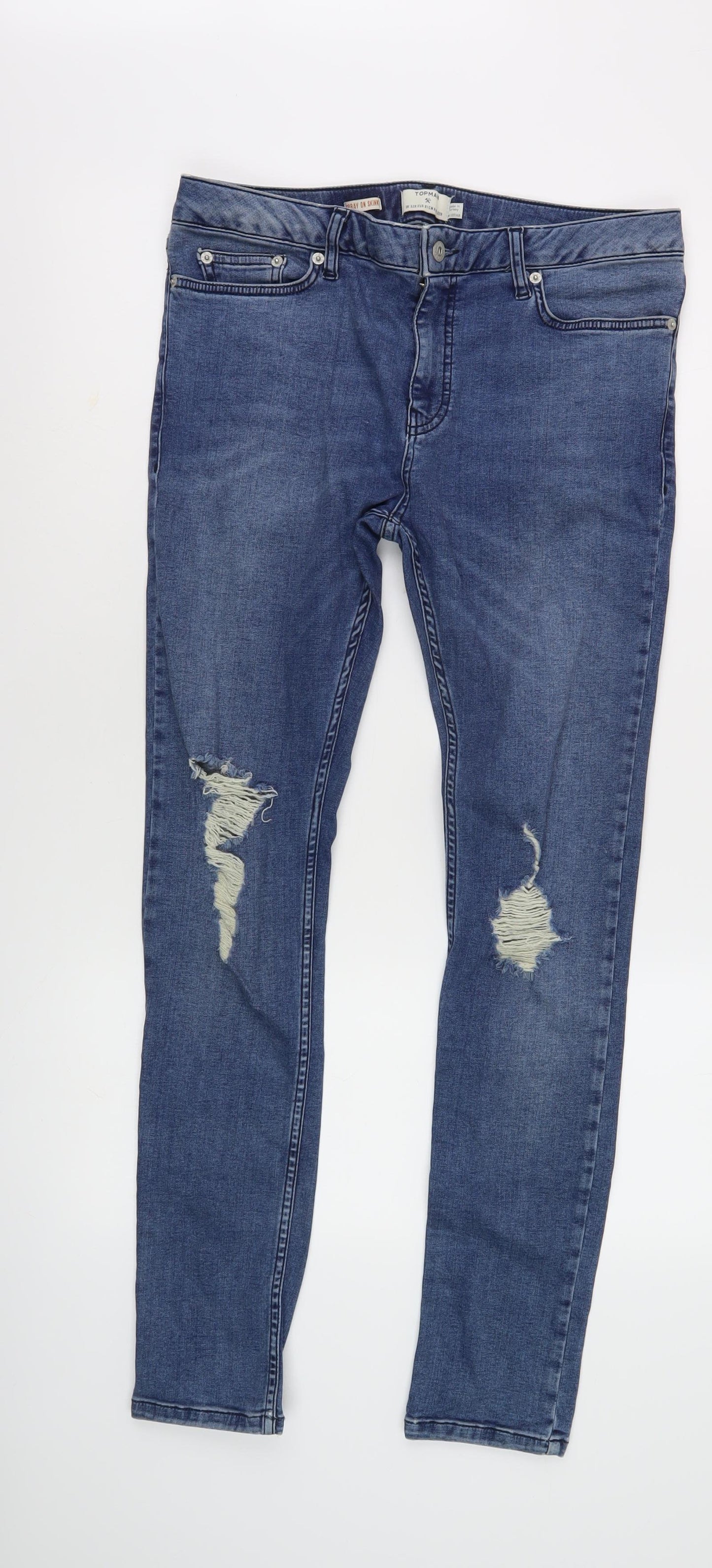 Topman Men's Blue Skinny Jeans, Distressed Style 32W