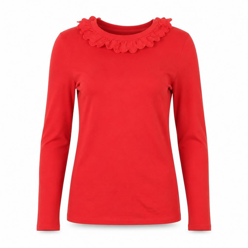 Front view of Paris Atelier Women's Red Ruffle Long Sleeve T-Shirt