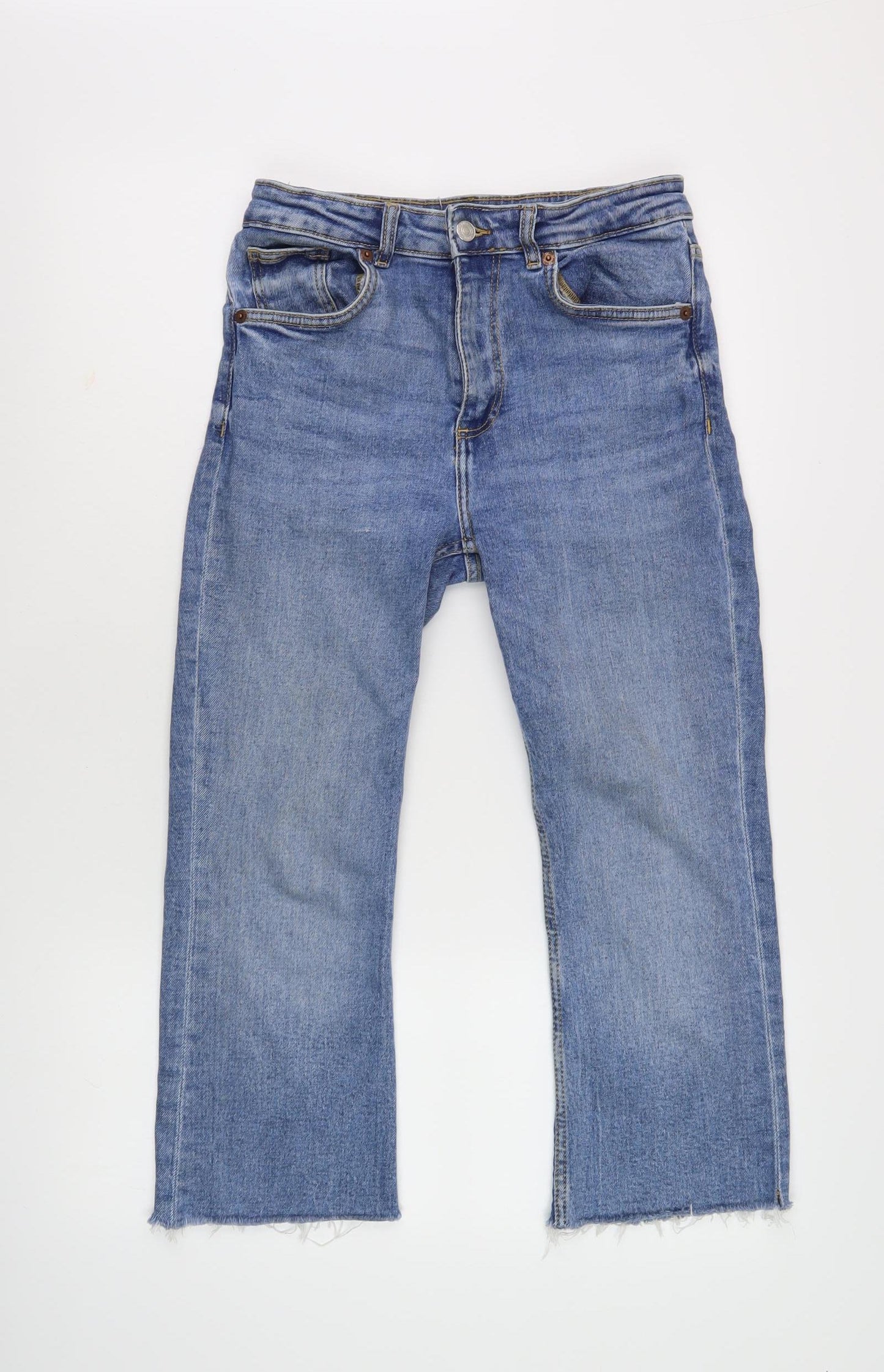 Zara Women's Blue Cropped Jeans Size 8 - Fringe Accent