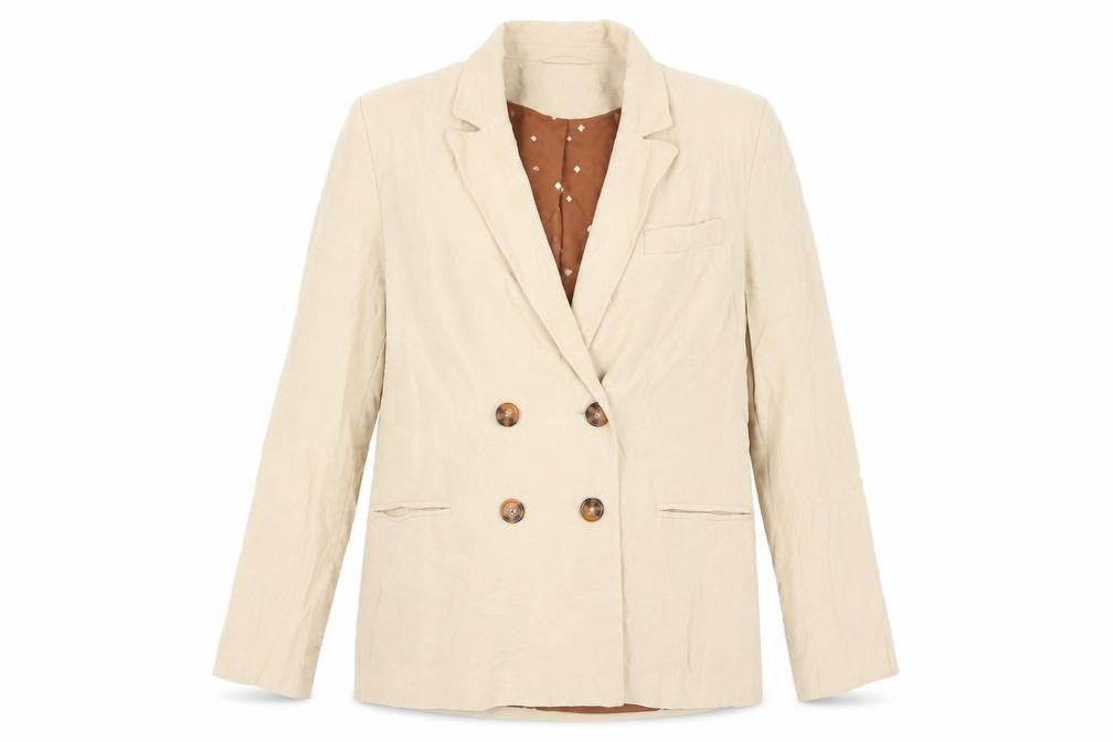 Front view of Next Women's Beige Blazer, size 12, Double Breasted