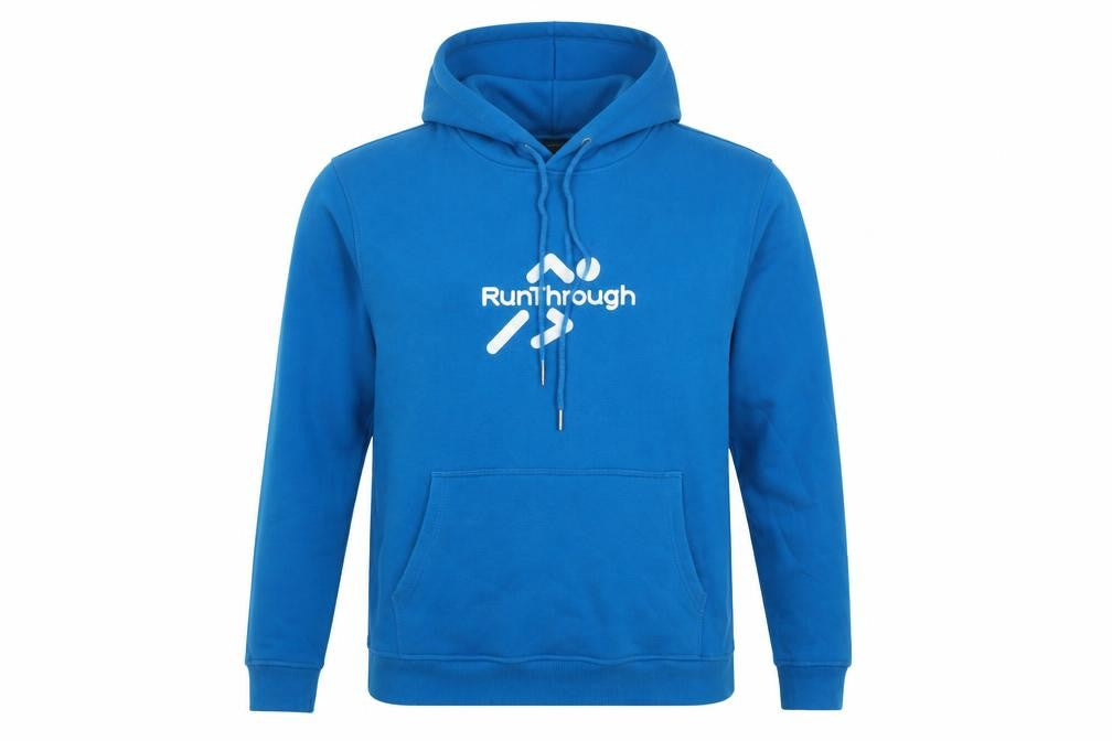 Front view of RunThrough Kit Blue Hoodie unisex large pullover
