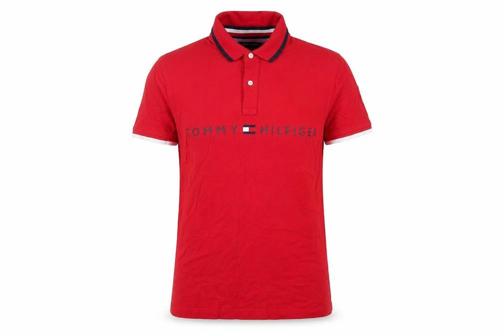 Front view of Tommy Hilfiger Men's Red Polo Shirt, Medium, Classic Fit