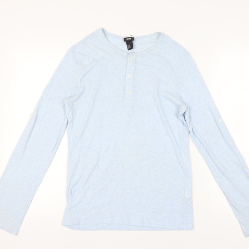 H&M Men's Blue XS Henley T-Shirt, Long Sleeve Cotton Blend